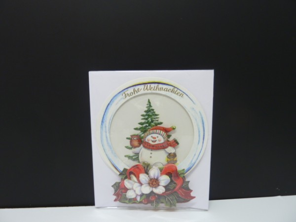 Handgearbeitete 3-D Weihnachtskarte mit Motiv &quot;Schneekugel mit Schneemann &amp; Laterne&quot;