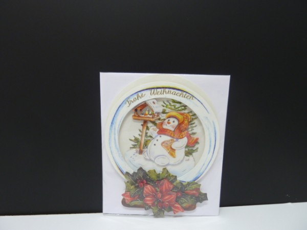 Handgearbeitete 3-D Weihnachtskarte mit Motiv &quot;Schneekugel mit Schneemann &amp; Vogelhaus&quot;