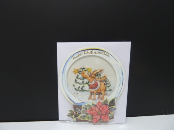 Handgearbeitete 3-D Weihnachtskarte mit Motiv "Schneekugel mit Elch"