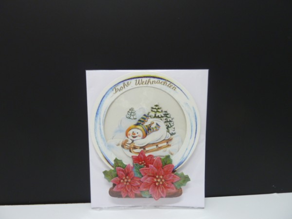 Handgearbeitete 3-D Weihnachtskarte mit Motiv &quot;Schneekugel mit Schneemann &amp; Schlitten&quot;