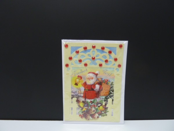 Handgearbeitete 3-D Weihnachtskarte mit Motiv "Weihnachtsmann mit Geschenke in der Kiepe"