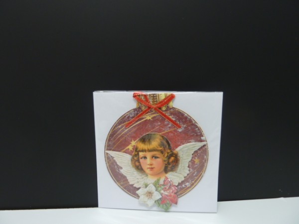 Handgearbeitete 3-D Weihnachtskarte mit Motiv "Weihnachtskugel mit Engelsgesicht"