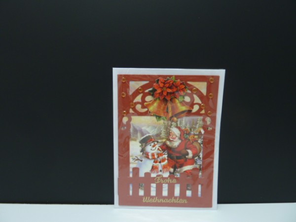 Handgearbeitete 3-D Weihnachtskarte mit Motiv "Weihnachtsmann mit Schneemann"