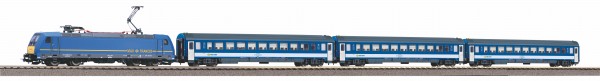 Piko 97938 H0-DC-Startset mit Piko Bettungs-A-Gleis-System, E-Lok BR 185 mit 3 Personenwagen der MAV