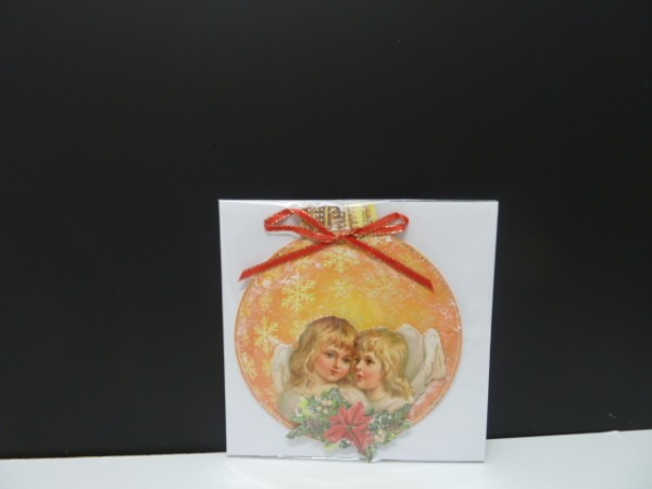 Handgearbeitete 3-D Weihnachtskarte mit Motiv "Weihnachtskugel mit Engelsgesichter"