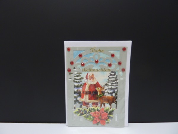 Handgearbeitete 3-D Weihnachtskarte mit Motiv &quot;Weihnachtsmann mit Rekkitz&quot;