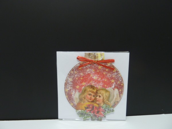 Handgearbeitete 3-D Weihnachtskarte mit Motiv "Weihnachtskugel mit Engelsgesichter"
