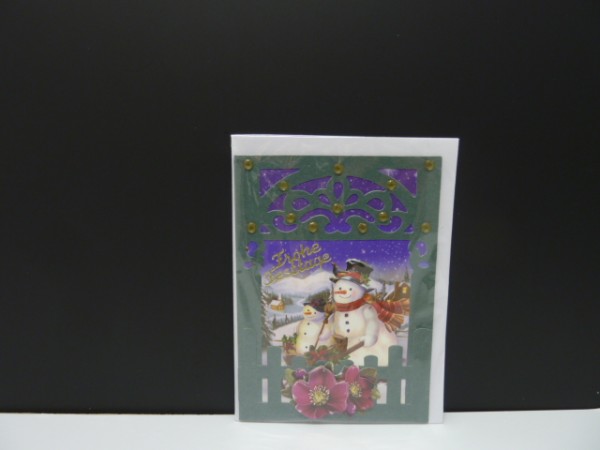 Handgearbeitete 3-D Weihnachtskarte mit Motiv "Schneemann mit Schneemannkind"