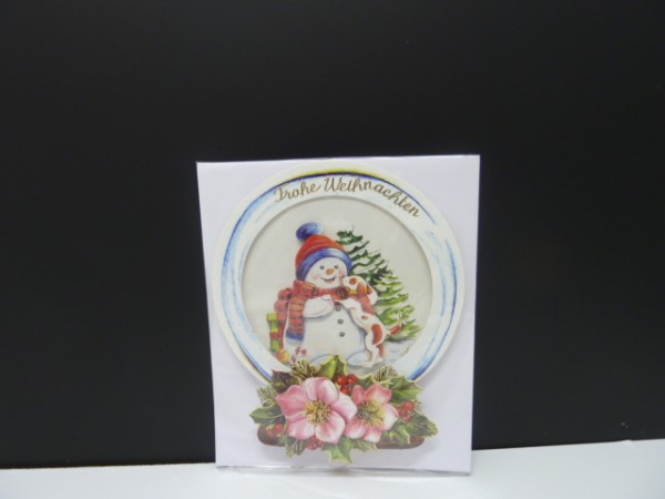 Handgearbeitete 3-D Weihnachtskarte mit Motiv "Schneekugel mit Schneemann & Hund"
