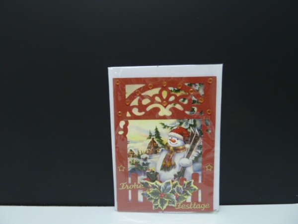 Handgearbeitete 3-D Weihnachtskarte mit Motiv "Schneemann mit Skier"