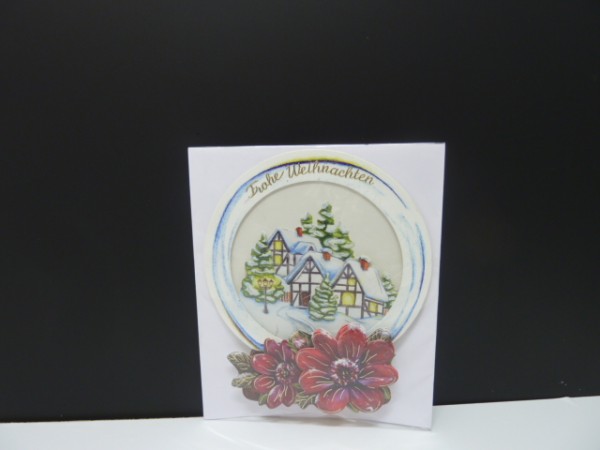Handgearbeitete 3-D Weihnachtskarte mit Motiv "Schneekugel mit Häuser in Winterlandschaft"