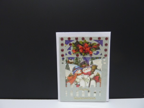 Handgearbeitete 3-D Weihnachtskarte mit Motiv "Schneemann mit Schneemannfrau"