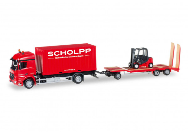 Herpa 306232 H0-LKW-Modell: Mercedes-Benz Arocs Container-LKW mit TU3 und Gabelstapler "Scholpp"