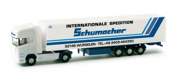 Herpa-Fahrzeugmodell, 065795 LKW-Sattelzug, "Scania R" der Sped. "Schumacher" m. Kofferauflieger