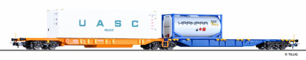 Tillig 76671 H0 - Gelenkwagen für den Container-Transport mit Taschenwagenteil, mit Ladung (Bauart -