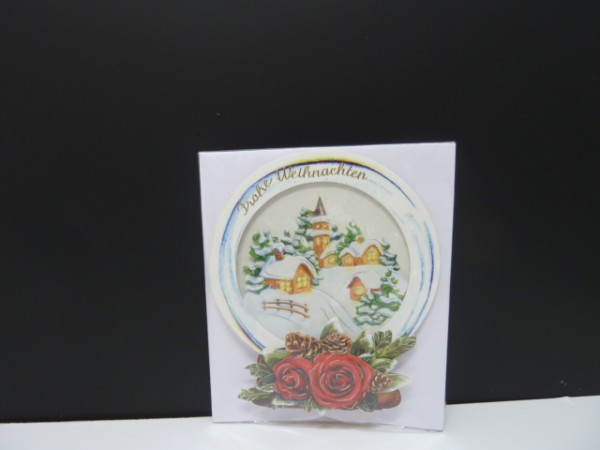 Handgearbeitete 3-D Weihnachtskarte mit Motiv &quot;Schneekugel mit Kirche &amp; Häuser&quot;